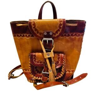 Mexican Leather Backpack Buckles Drawstring Tooled Designed Flaps Front Pocket